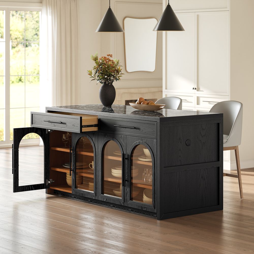 Midcentury Modern 72 inch  Black Marble Kitchen Island with Arched Glass Door and Drawers