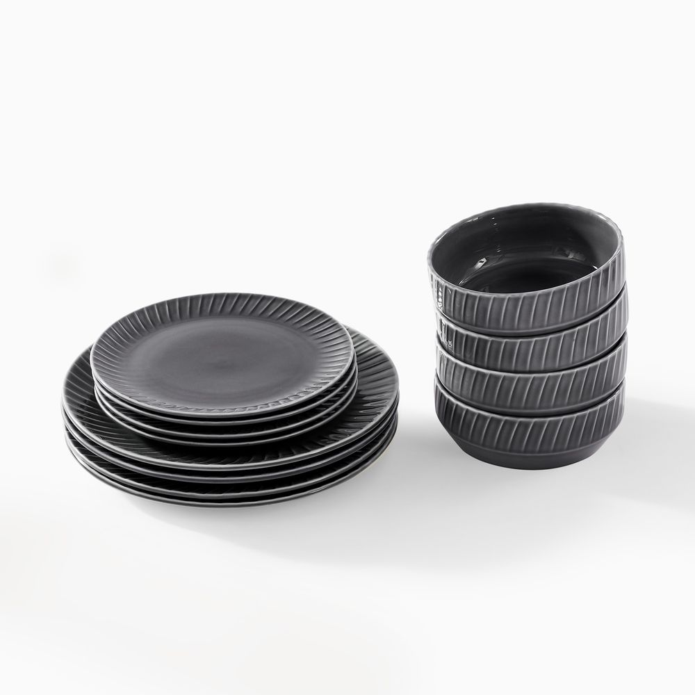 textured gray ceramic dinnerware set