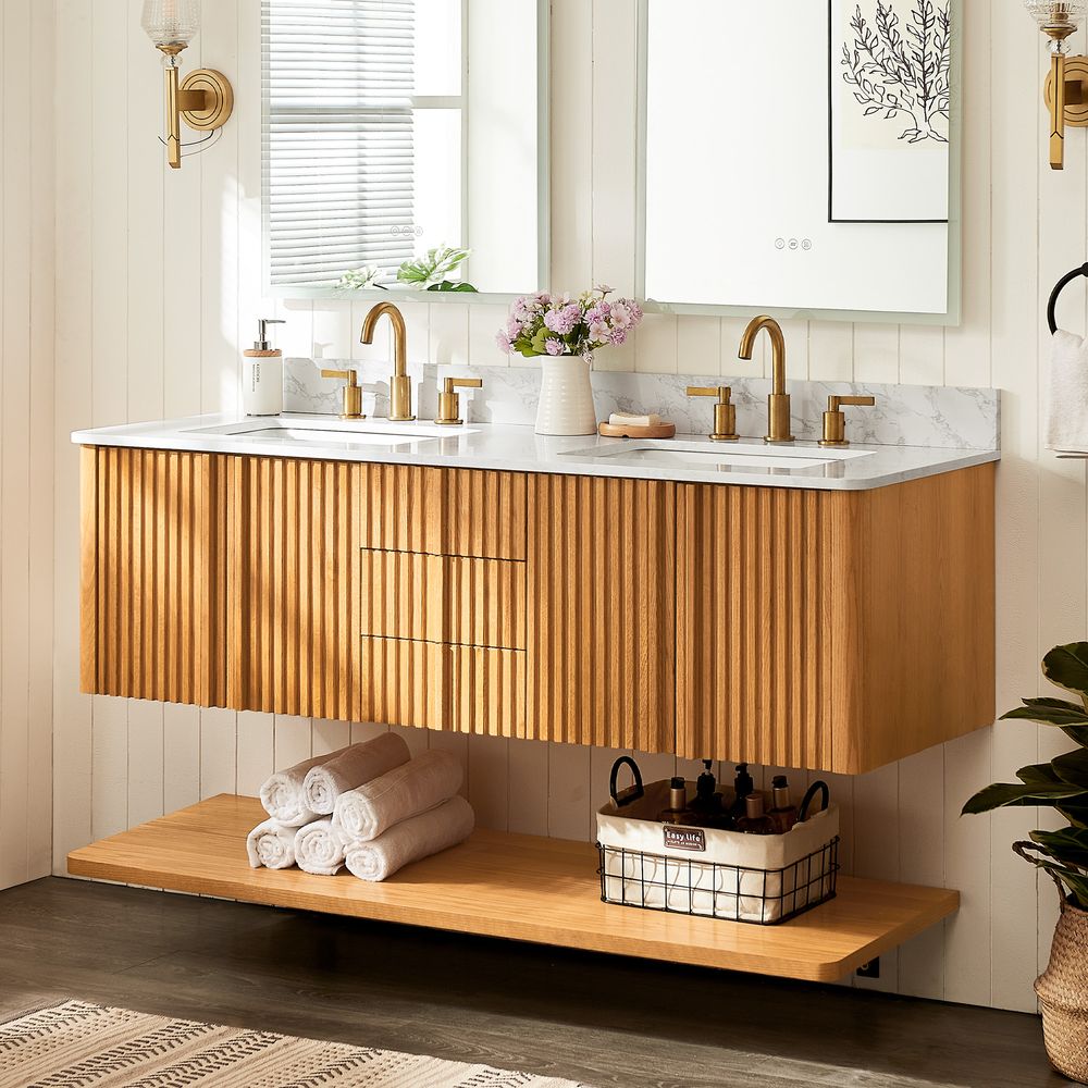 natural floating double vanity bathroom