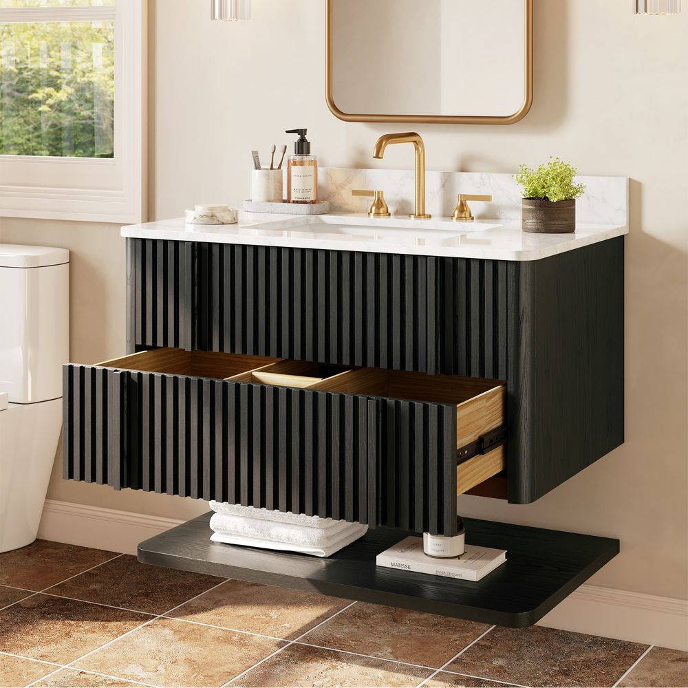 black bathroom vanity with sink
