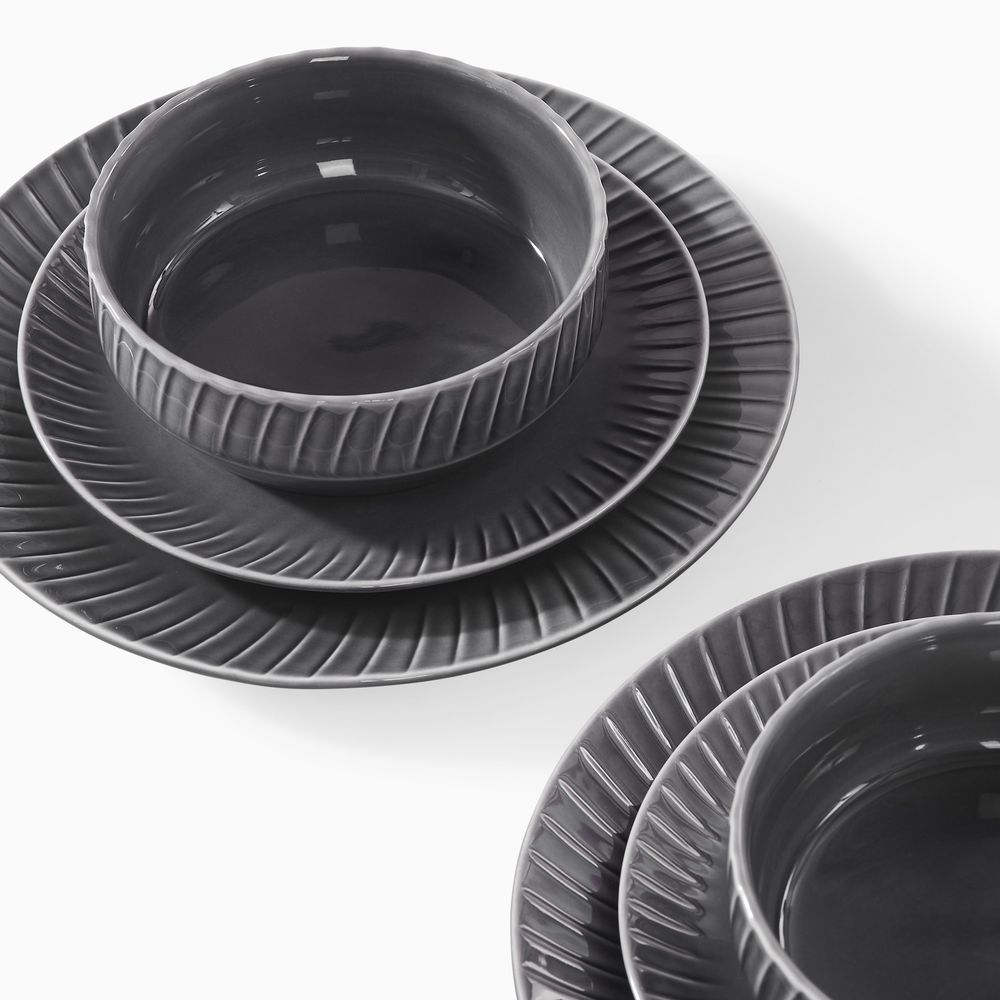 textured gray ceramic dinnerware set