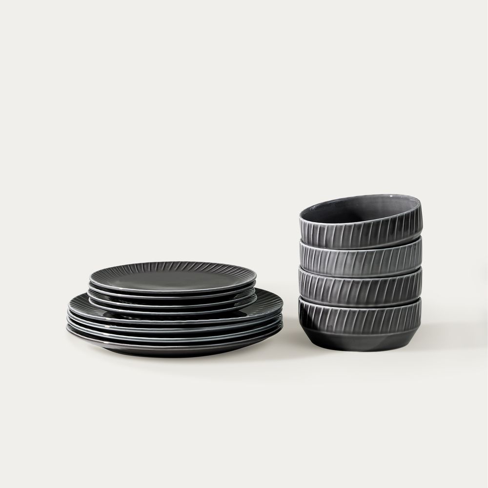 textured gray ceramic dinnerware set