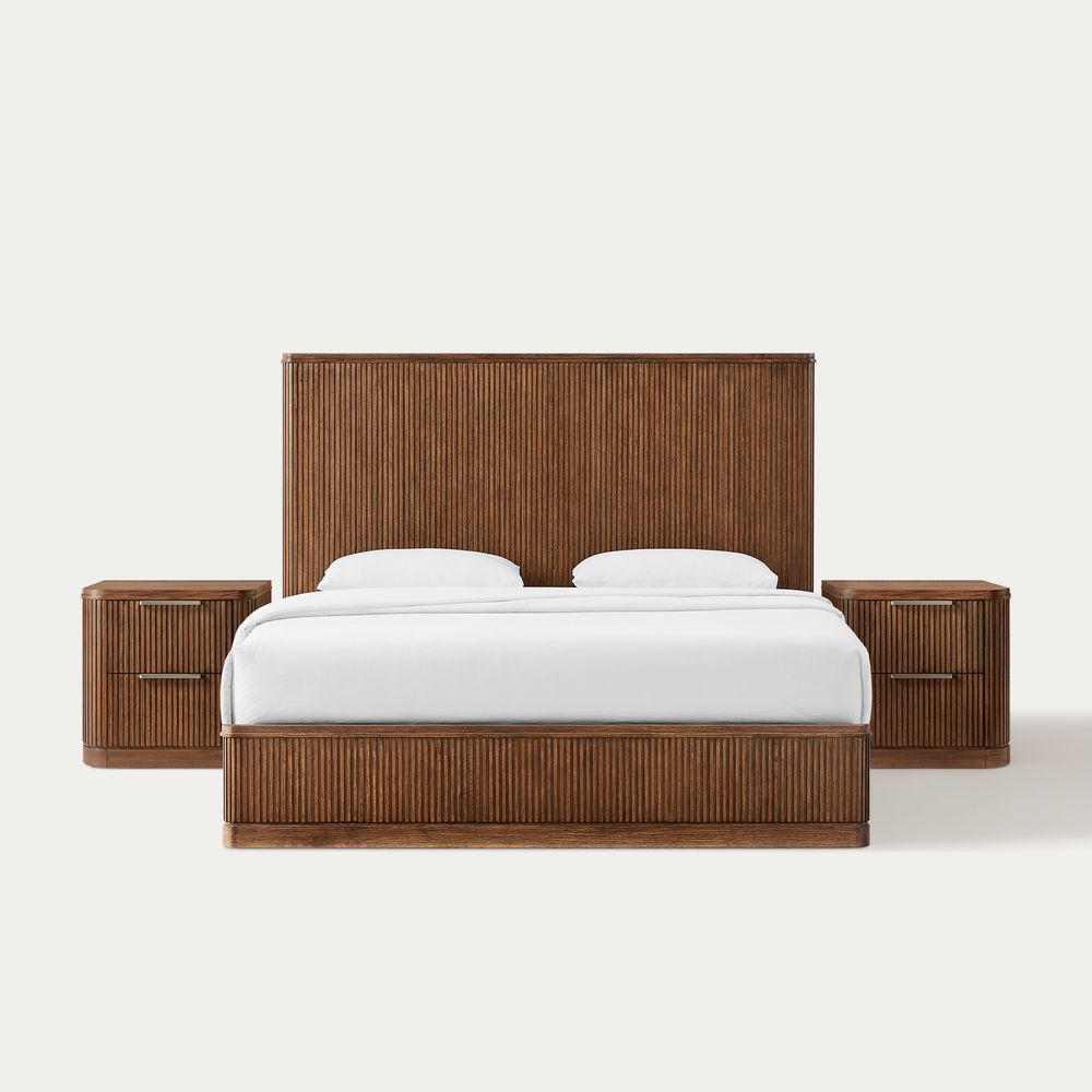 3-Piece Brown Wooden Fluted Bedroom Set