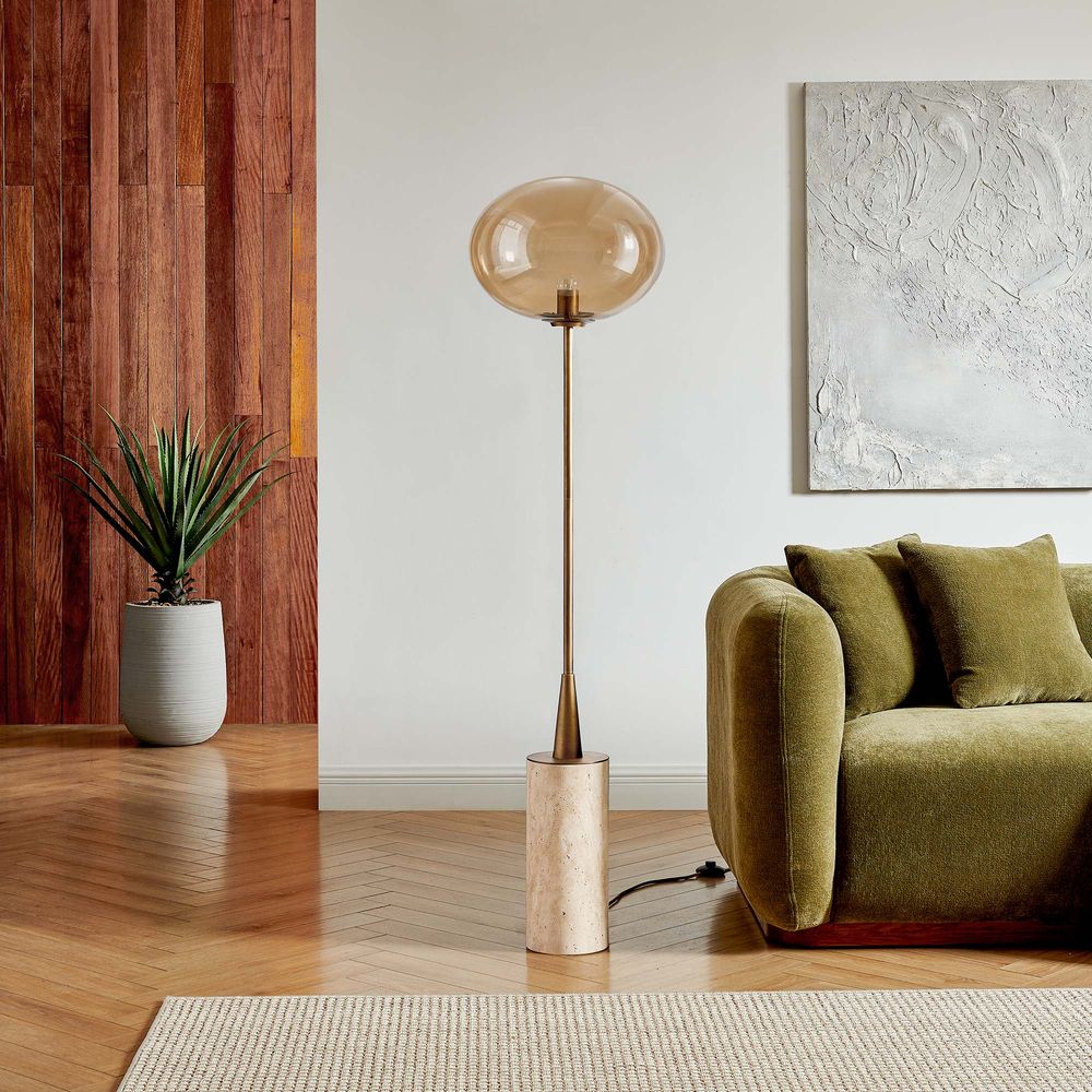 travertine floor lamp with electroplated champagne glass shade