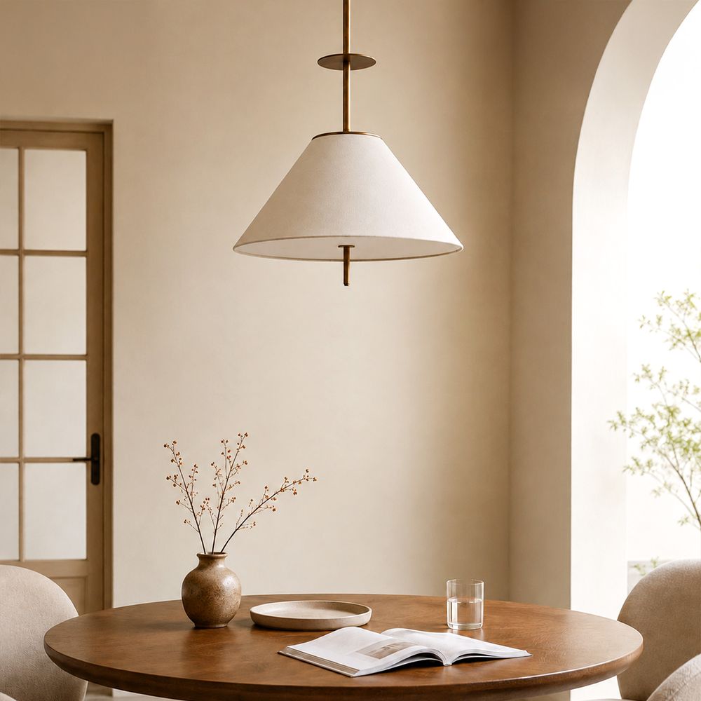 Cloth shade pendant light with metal brass post