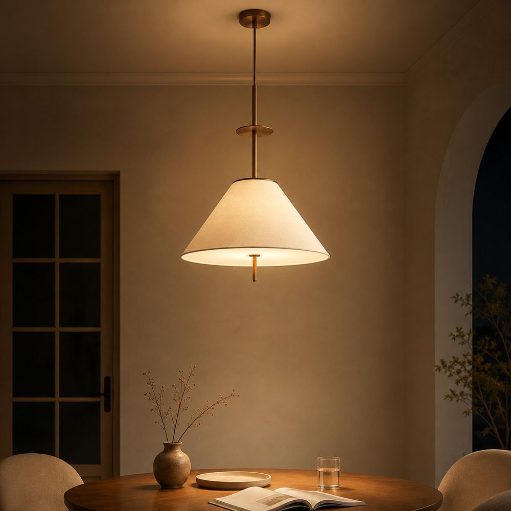Cloth shade pendant light with metal brass post