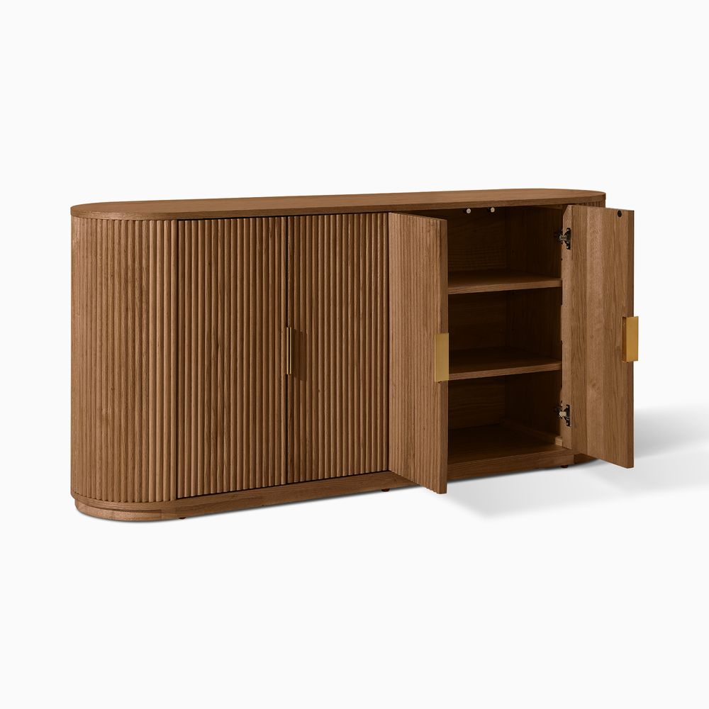 Hernest Rolf 63 inch Oak Sideboard shown with open doors revealing internal shelving, featuring fluted detail and elegant handles.