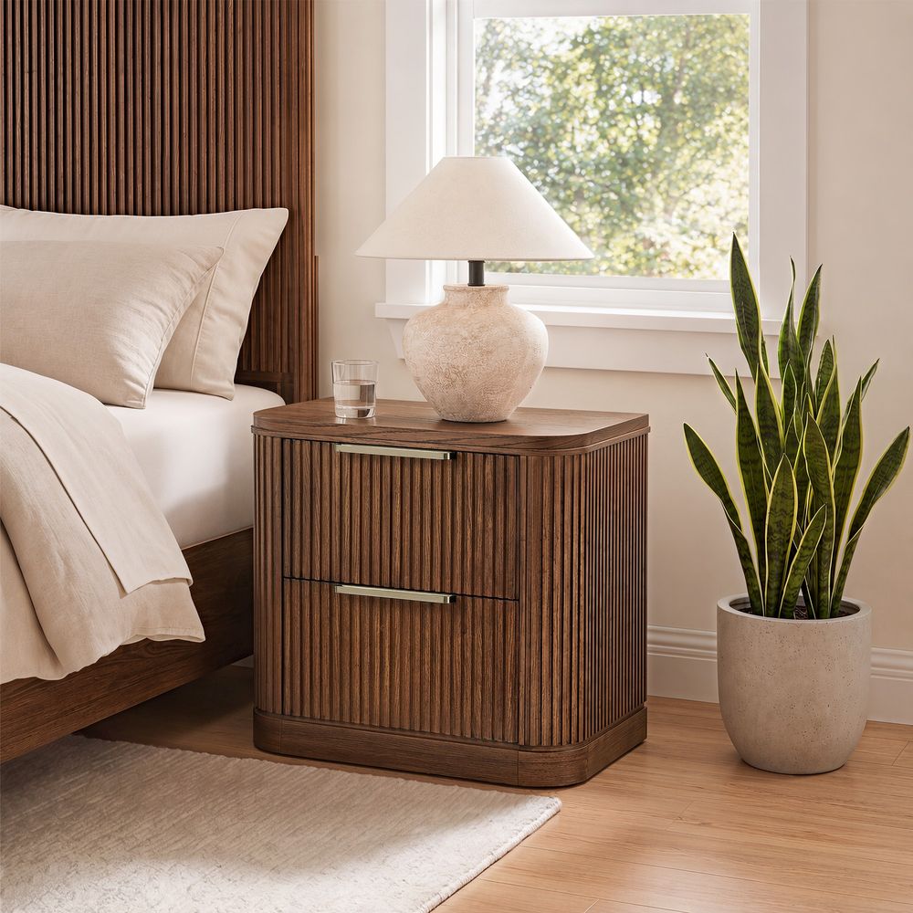 Hernest Finnley 26 inch Fluted Nightstand in a bedroom setting, highlighting its 2-drawer fluted texture and sleek metal pulls.