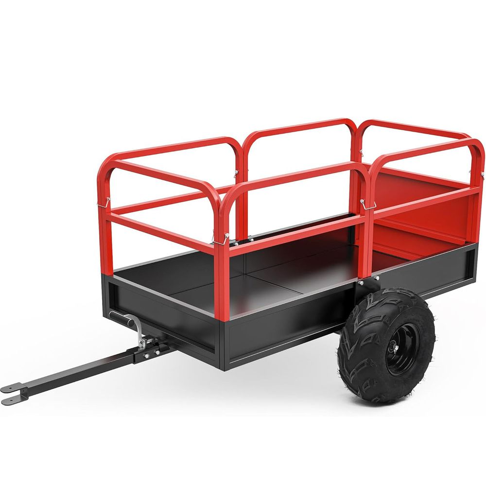 1500lb ATV dump trailer, lawn mower tow behind cart, 15 cubic foot yard trailer, heavy duty garden trailer, YITAMOTOR dump cart, mesh bed utility trailer, commercial grade tow behind