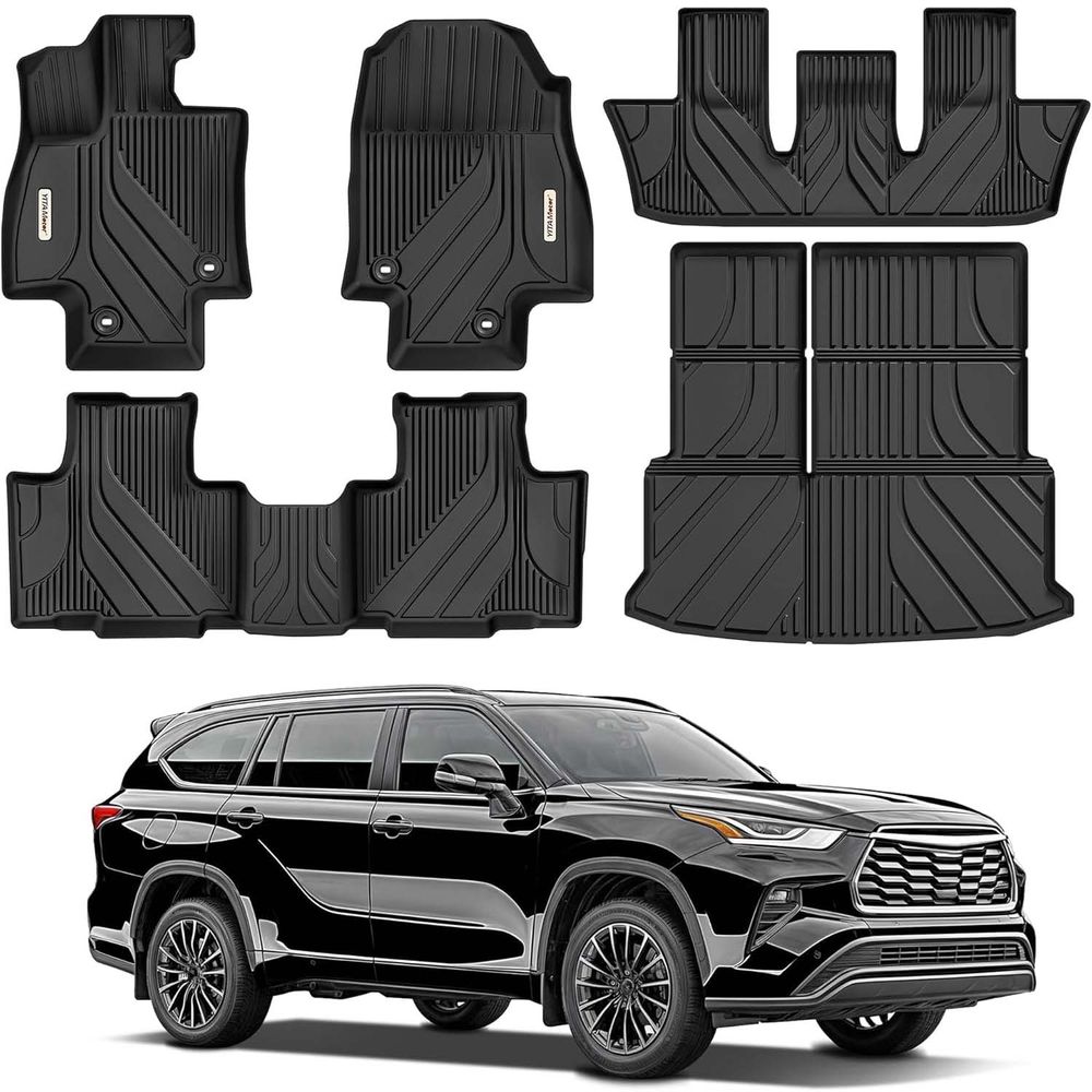 2024 toyota grand highlander floor mats, grand highlander hybrid floor liners, 7-seat suv cargo mats, tpe all-weather mats for grand highlander, 3rd row floor mats, custom fit trunk liner with subwoofer, non-slip car mats toyota