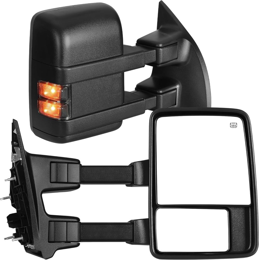 Ford F250 towing mirrors, Super Duty mirror replacement, power heated mirrors, LED turn signal mirror, manual telescoping mirrors, F350 side mirrors, YITAMOTOR, smoked lens