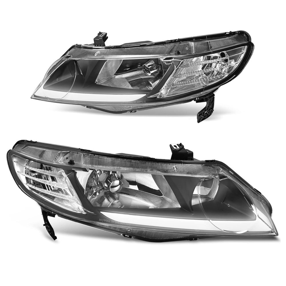 LED DRL Headlights Assembly For 2006-2011 Civic Sedan 4-Door Headlamp Replacement Pair with Daytime Running Light Black Housing Clear Reflector