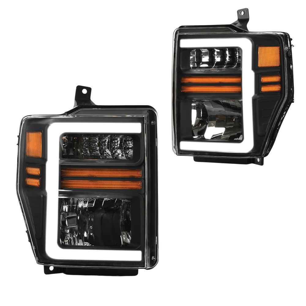 LED DRL Headlights Assembly Compatible with 2008 2009 2010 Ford F250 F350 F450 Super Duty Replacement Headlamp Black Housing Clear Lens Amber Reflector