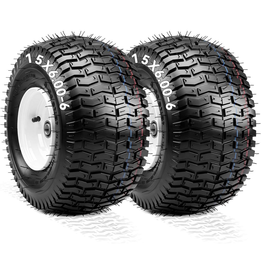 15x6.00-6 flat free tires, lawn mower wheel assemblies, 4 ply front tires, 3 inch centered hub, 3/4 inch bearing, John Deere front wheels, YITAMOTOR