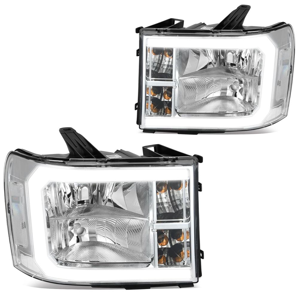LED DRL Headlights Assembly Compatible with 2007-2013 GMC Sierra 1500/2007-2014 GMC Sierra 2500 HD/Sierra 3500 HD (Not fit classic models) Headlamp Chrome Housing Clear Lens