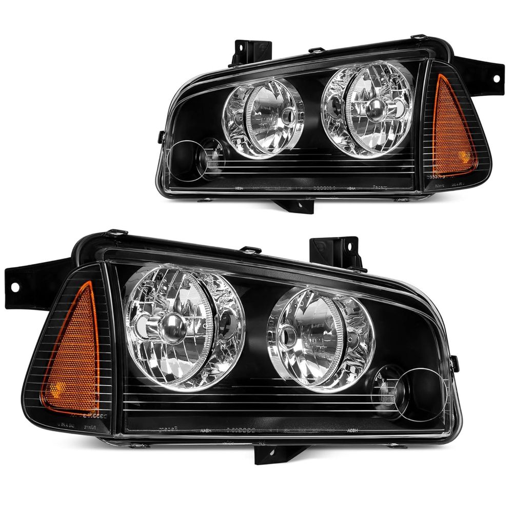 Dodge Charger headlights, 2006 Charger headlamps, black housing headlights, corner signal lights, headlight assembly pair, YITAMOTOR, LX platform headlights