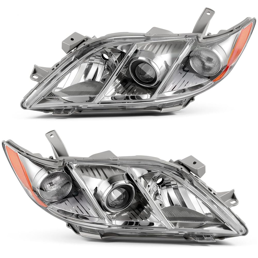 Toyota Camry projector headlights, 2007 Camry headlamp assembly, projector lens headlights, Camry headlight pair, chrome housing headlights, amber reflector, non-hybrid replacement, YITAMOTOR