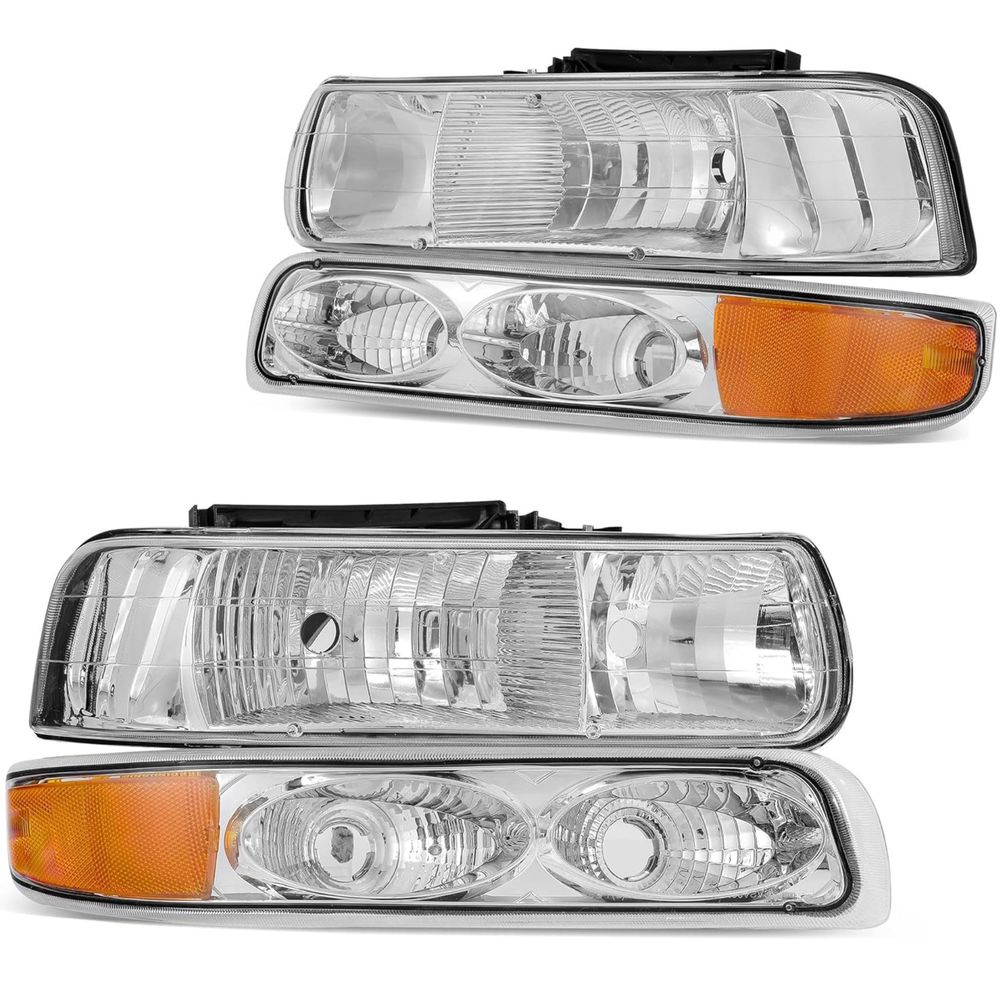 1999 Silverado headlights, Chevy Silverado 1500 headlamp, headlight assembly replacement, chrome housing, amber reflector, YITAMOTOR, GMT800 headlights