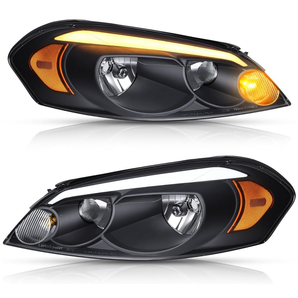 Chevy Impala LED headlights, 2006 Impala headlight assembly, 2014 Impala Limited headlights, Chevy Monte Carlo headlight replacement, LED DRL headlights, black housing headlights, amber reflector headlamps, Chevrolet Impala headlights, YITAMOTOR headlights, OEM style replacement headlights