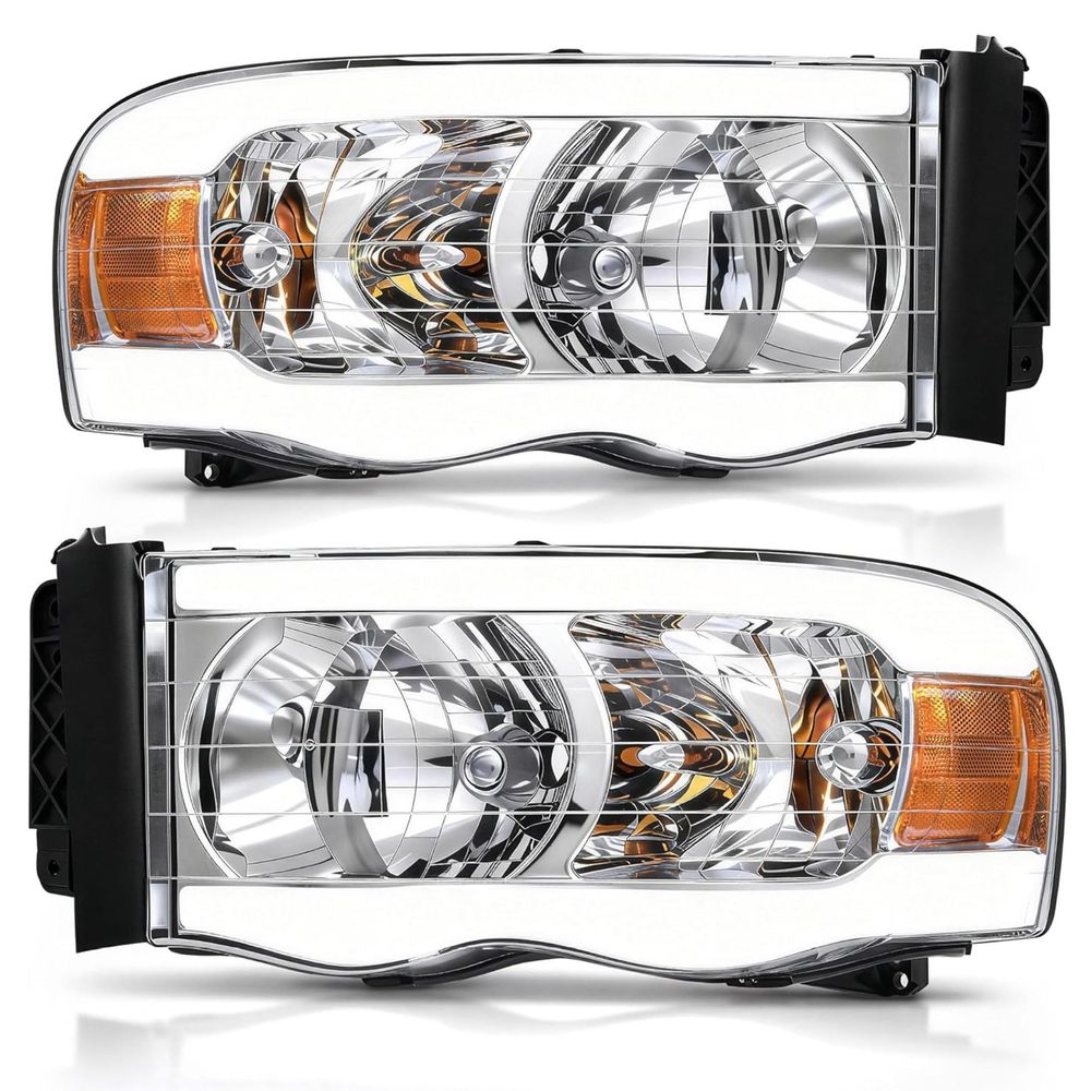 YITAMOTOR headlights, 2002-2005 Dodge Ram headlights, Dodge Ram 1500 headlights, Ram 2500 3500 headlights, chrome housing headlights, LED DRL headlight assembly, direct fit headlights