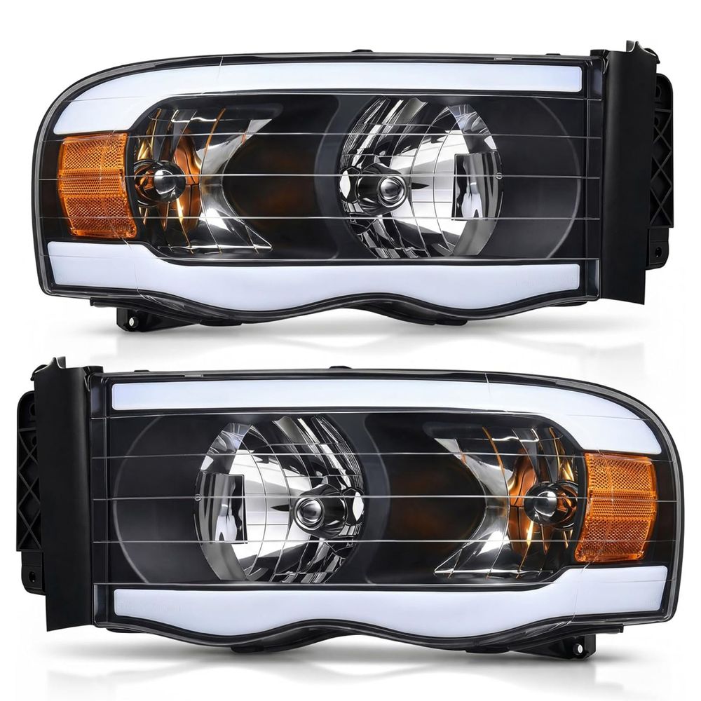 Dodge Ram LED headlights, 2002 Ram 1500 headlight assembly, 2003 Ram 2500 headlights, 2005 Ram 3500 headlamp replacement, LED DRL headlights, black housing headlights, clear lens headlamps, amber reflector headlights, YITAMOTOR Ram headlights, OEM style replacement headlights