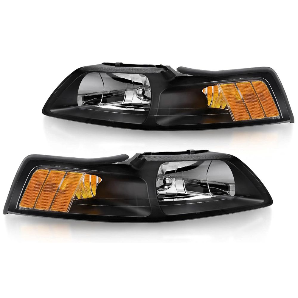 Ford Mustang headlight assembly, 1999 Mustang headlights, 2000 Mustang headlamp replacement, 2001 Ford Mustang headlights, 2002 Mustang headlights, 2003 Mustang headlight kit, 2004 Mustang replacement headlights, black housing headlights, clear lens headlamps, YITAMOTOR Mustang headlights