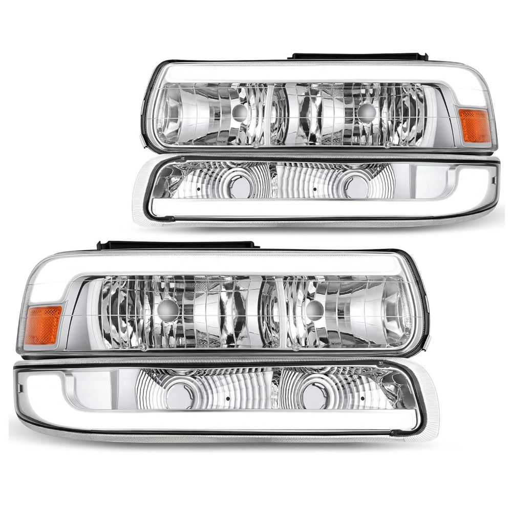 Chevy Silverado LED headlights, 1999 Silverado headlight assembly, Silverado 2500HD headlight replacement, Chevy Tahoe headlights, Suburban headlight assembly, LED DRL headlights, chrome housing headlamps, amber reflector headlights, YITAMOTOR headlights, OEM style Chevy lighting