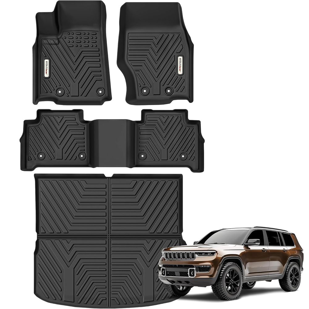 Floor Mats & Cargo Liner for 2022-2025 Jeep Grand Cherokee (NOT for WK or Grand Cherokee L), Custom Fit TPE All Weather 1st & 2nd Rows and Trunk Full Set Mats Automotive Floor Liners, Black