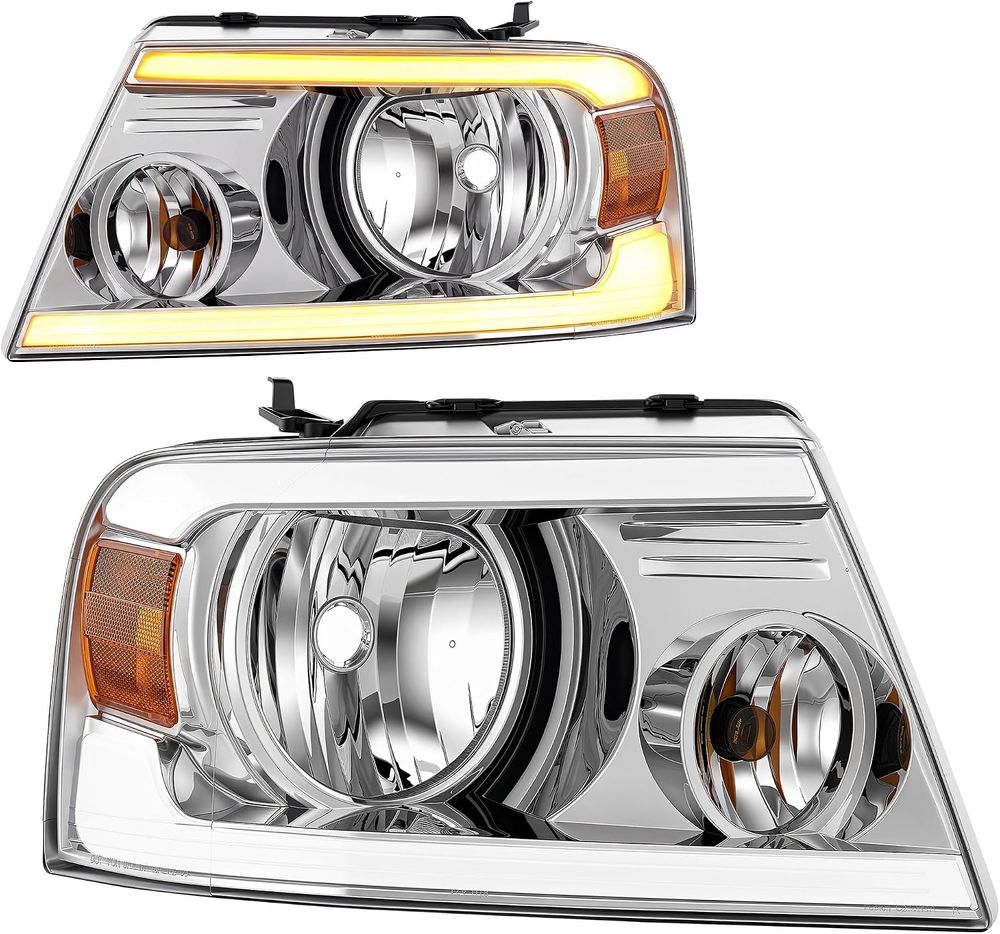 YITAMOTOR headlights, 2004 Ford F-150 headlights, 2005 Ford F-150 headlights, 2006 Ford F-150 headlights, 2007 Ford F-150 headlights, 2008 Ford F-150 headlights, 2004-2008 Ford F-150 headlights, 2006 Lincoln Mark LT headlights, 2007 Lincoln Mark LT headlights, 2008 Lincoln Mark LT headlights, 2006-2008 Lincoln Mark LT headlights, Ford F150 replacement headlights, Lincoln Mark LT headlight assembly, LED DRL headlights, LED daytime running lights, sequential turn signal headlights, chrome housing headlights, amber reflector headlights, H13 high low beam headlights, H13 headlight bulbs not included, 3157NA turn signal bulbs, headlights with turn signal harness, bulbs and harness included, metallic parabolic reflectors, brighter headlight beam, broad uniform beam distribution, waterproof headlight assembly, sealed silicone housing, one-way vent headlights, impact-resistant polycarbonate lens, vibration-resistant headlights, micro-prism side reflectors, nighttime visibility headlights, all-weather replacement headlights, not compatible with 2004 F-150 Heritage, not compatible with Flareside bed models