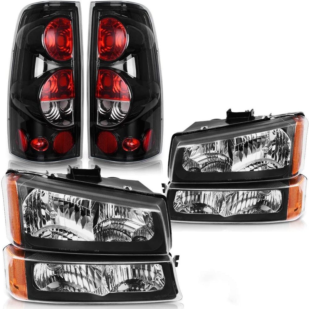 BLACK Headlights+Bumper Lamps+Tail Light Set for 2003-2006 Chevy Silverado