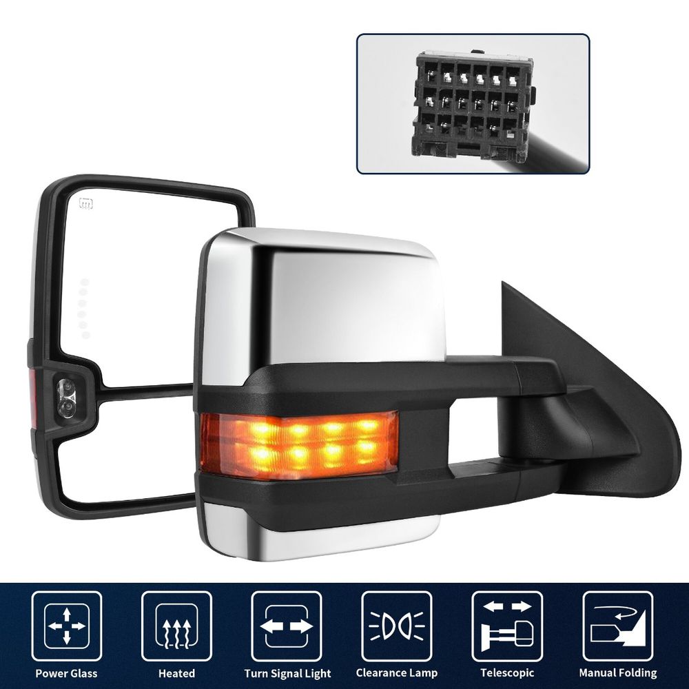 2014-2018 Chevy Silverado GMC Sierra Extendable Tow Mirrors, w/Heated+LED Turn Signal