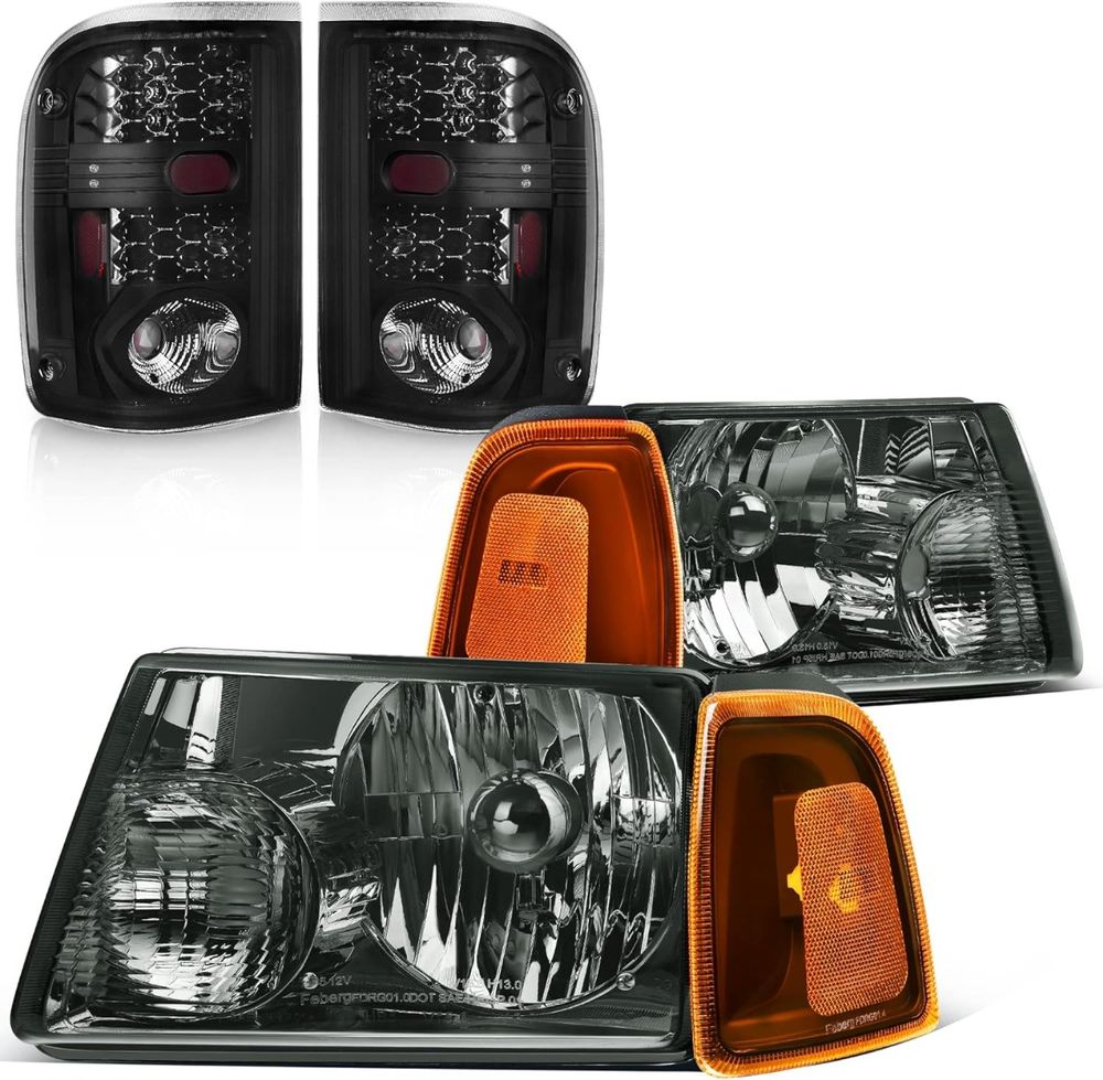 Compatible with Ford Ranger 2001-2005 Smoke Housing Replacement Headlights + Smoke Lens Tail Lights