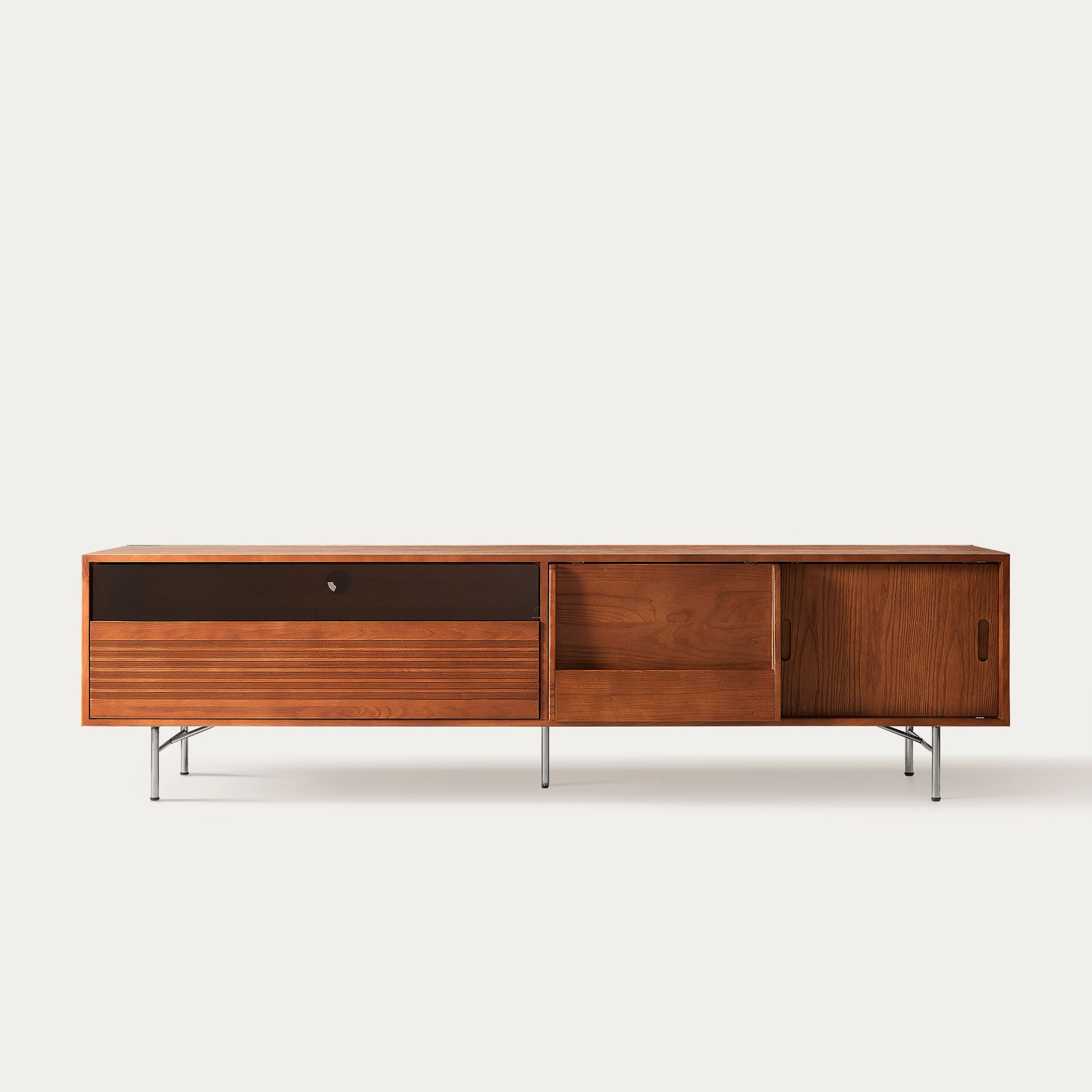 Frode 84 inch MCM Solid Wood TV Stand with Drawer & Metal Legs
