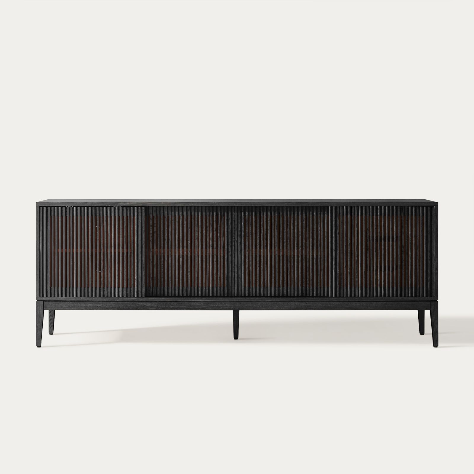 Astrid 84 inch MCM Slatted TV Stand with Sliding Door Cabinet & 2
