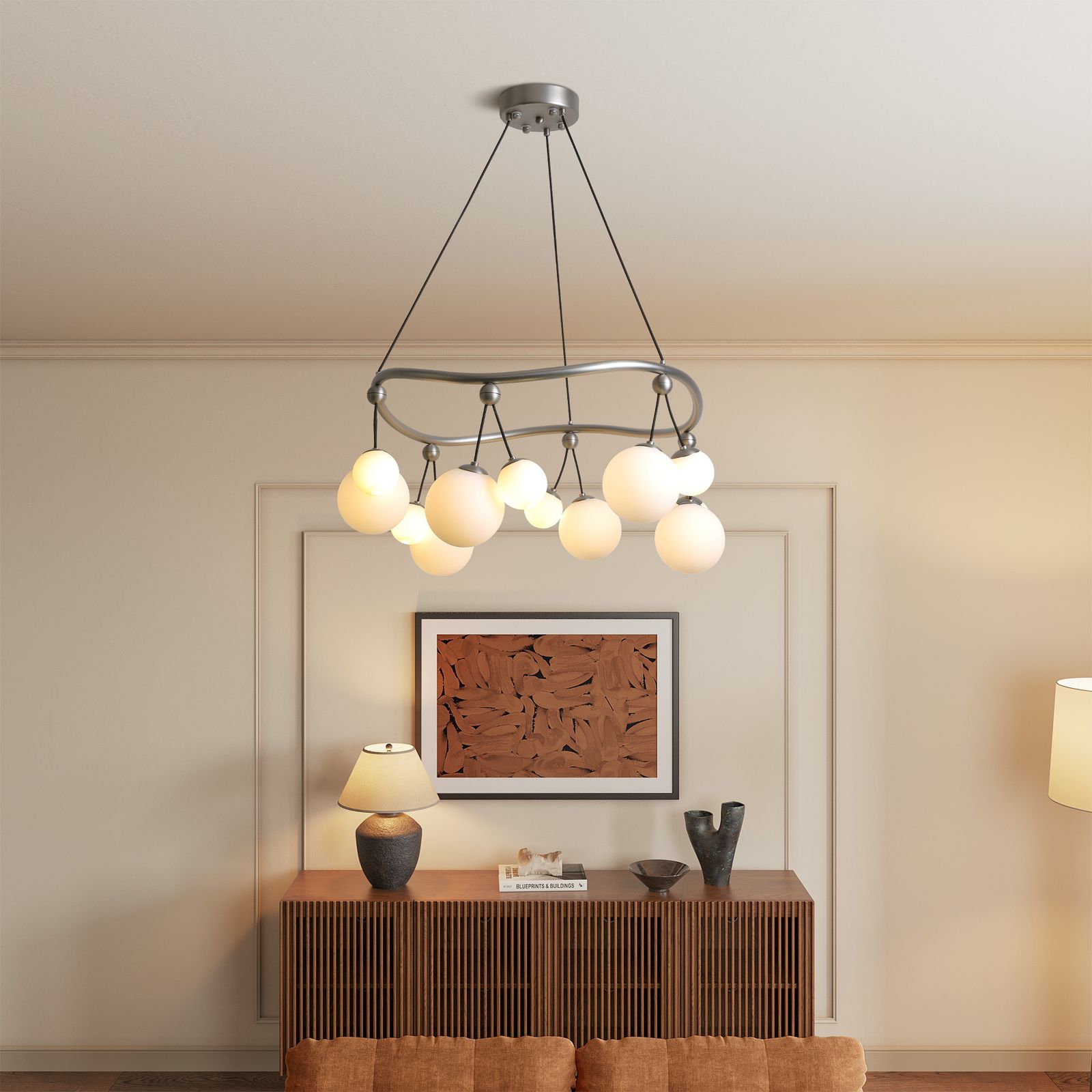 Drue 12-Light Chandelier 32″ length with metal frame and grape