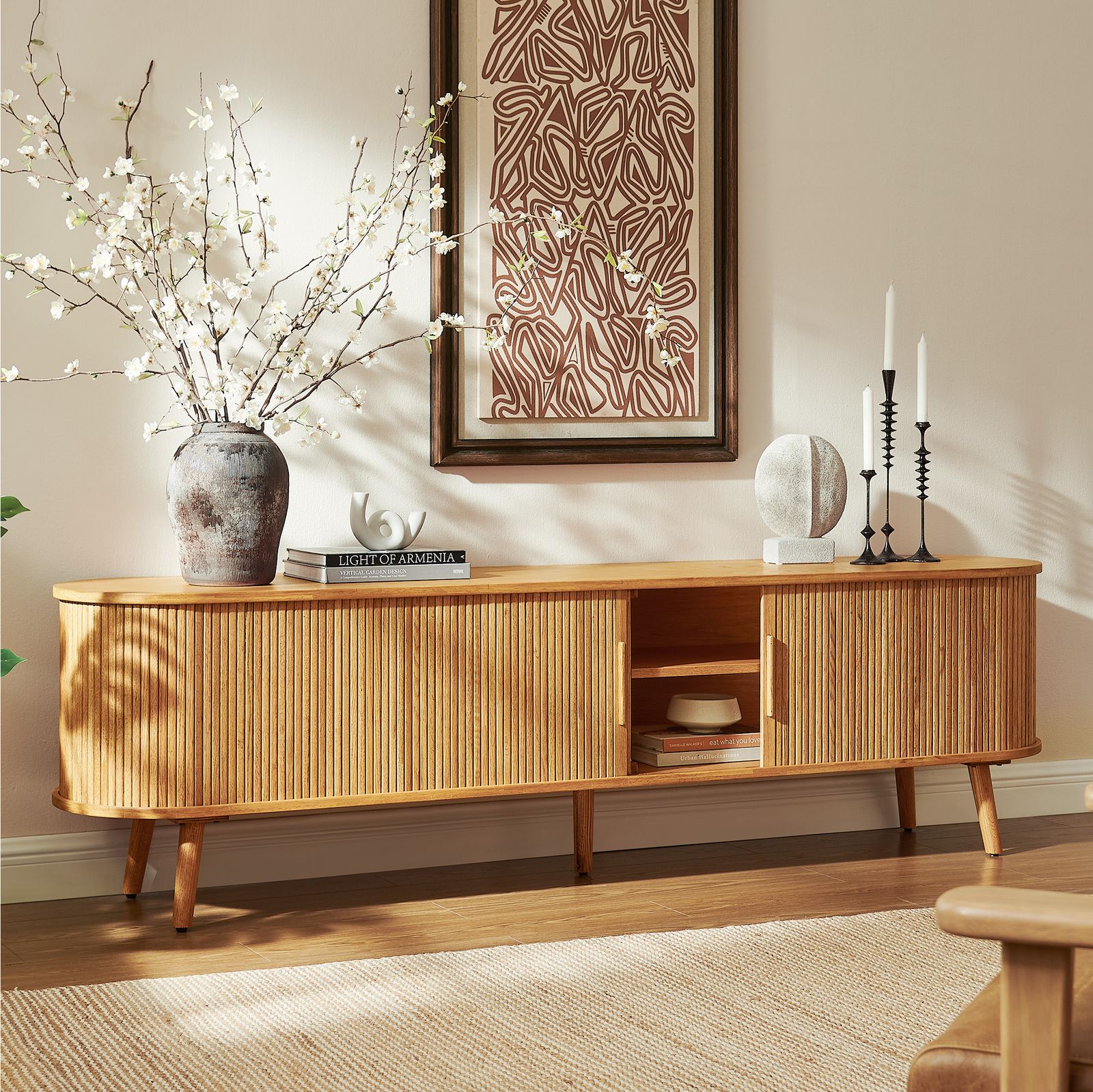 Valo 84 inch MCM Natural Solid Oak TV Stand with Tambour Door