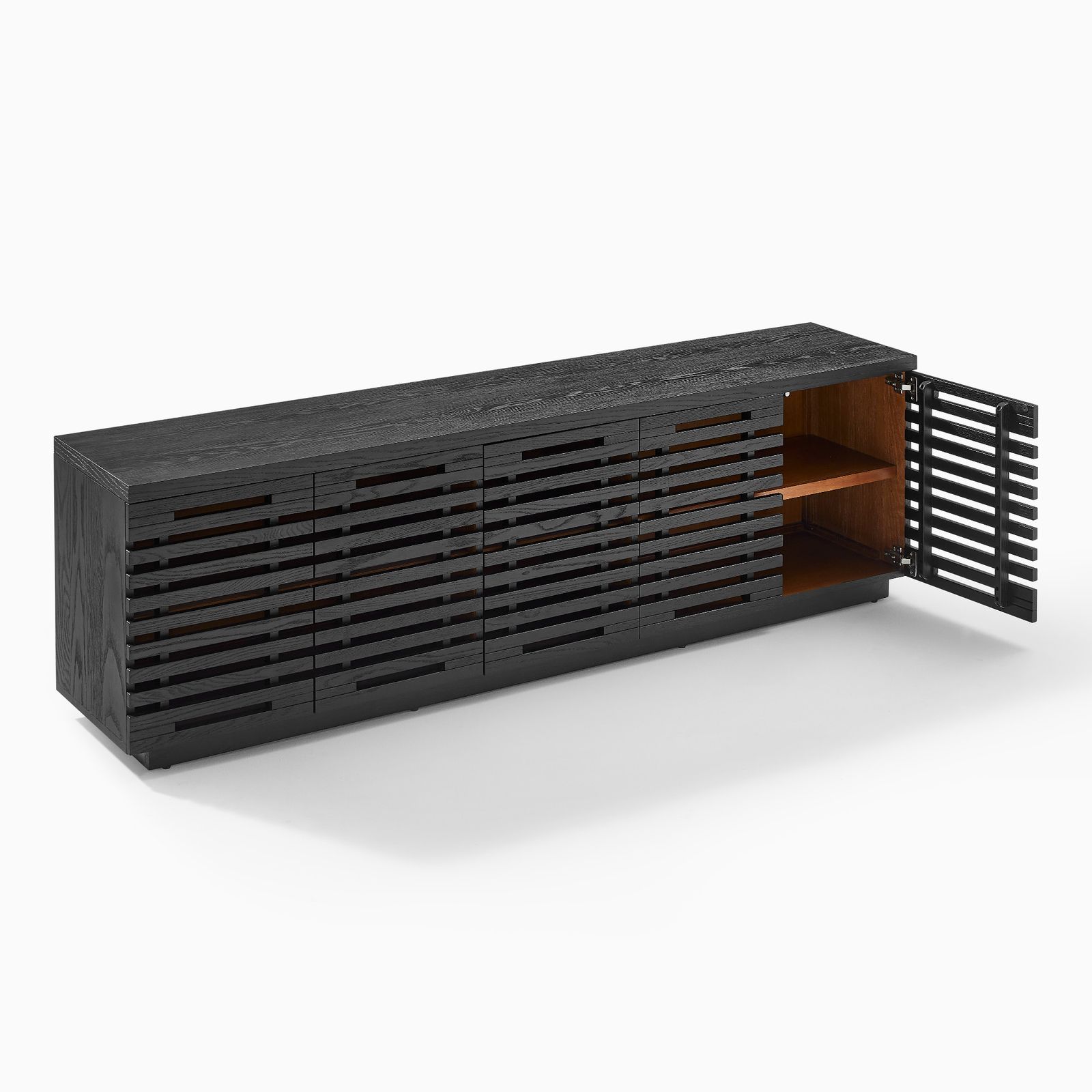 l system　テレビボード Ingrid 84 inch Black Solid Oak Slatted TV Stand | HERNEST