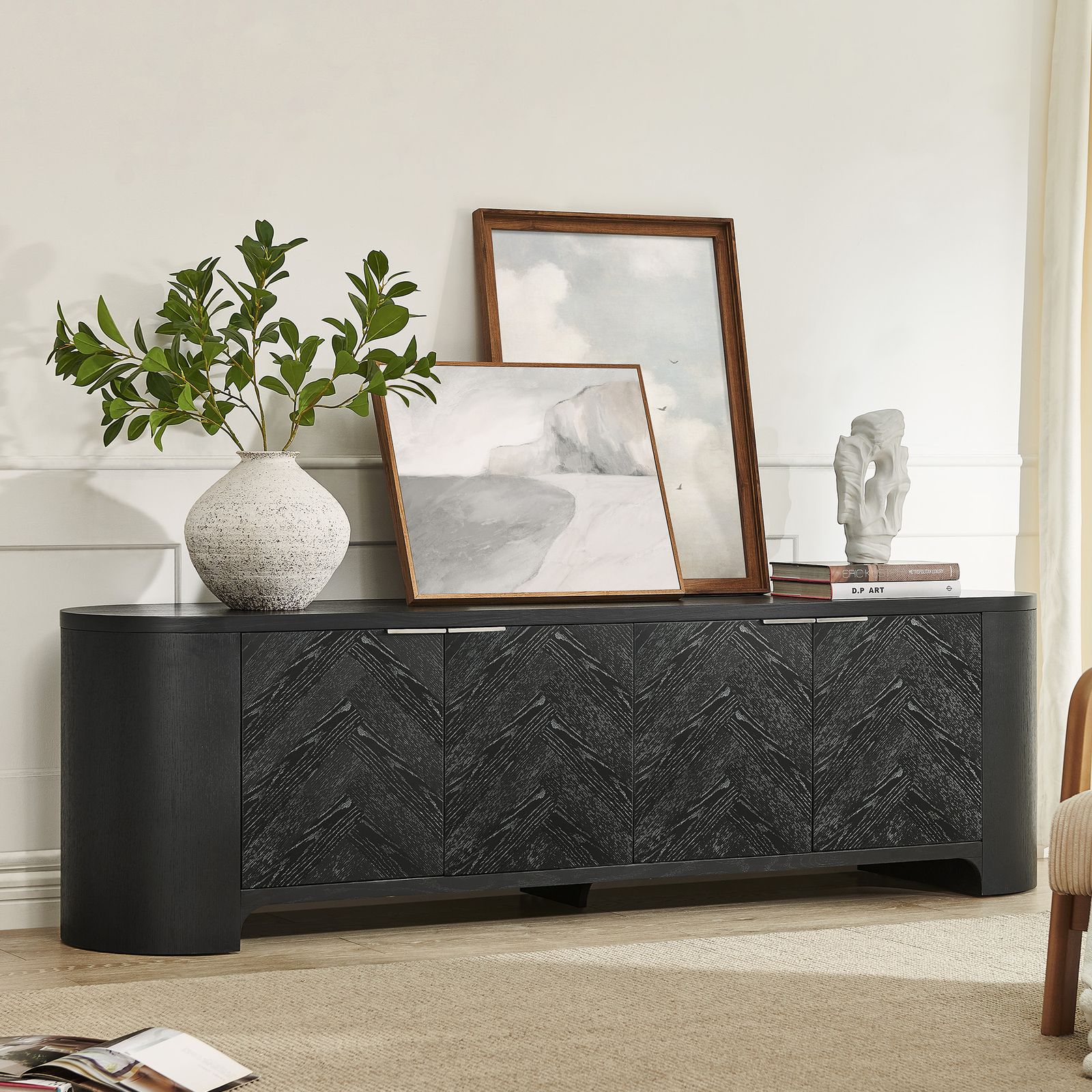 Fiske 84 inch Black Chevron Solid Oak TV Stand | HERNEST