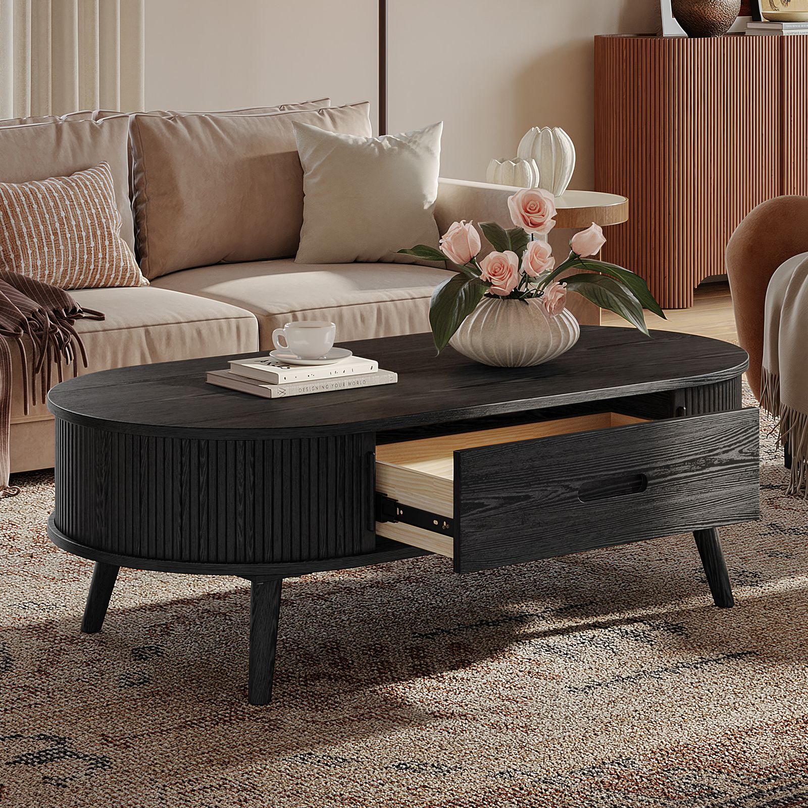 Valo 55 inch Black Solid Oak Coffee Table with Drawer | HERNEST