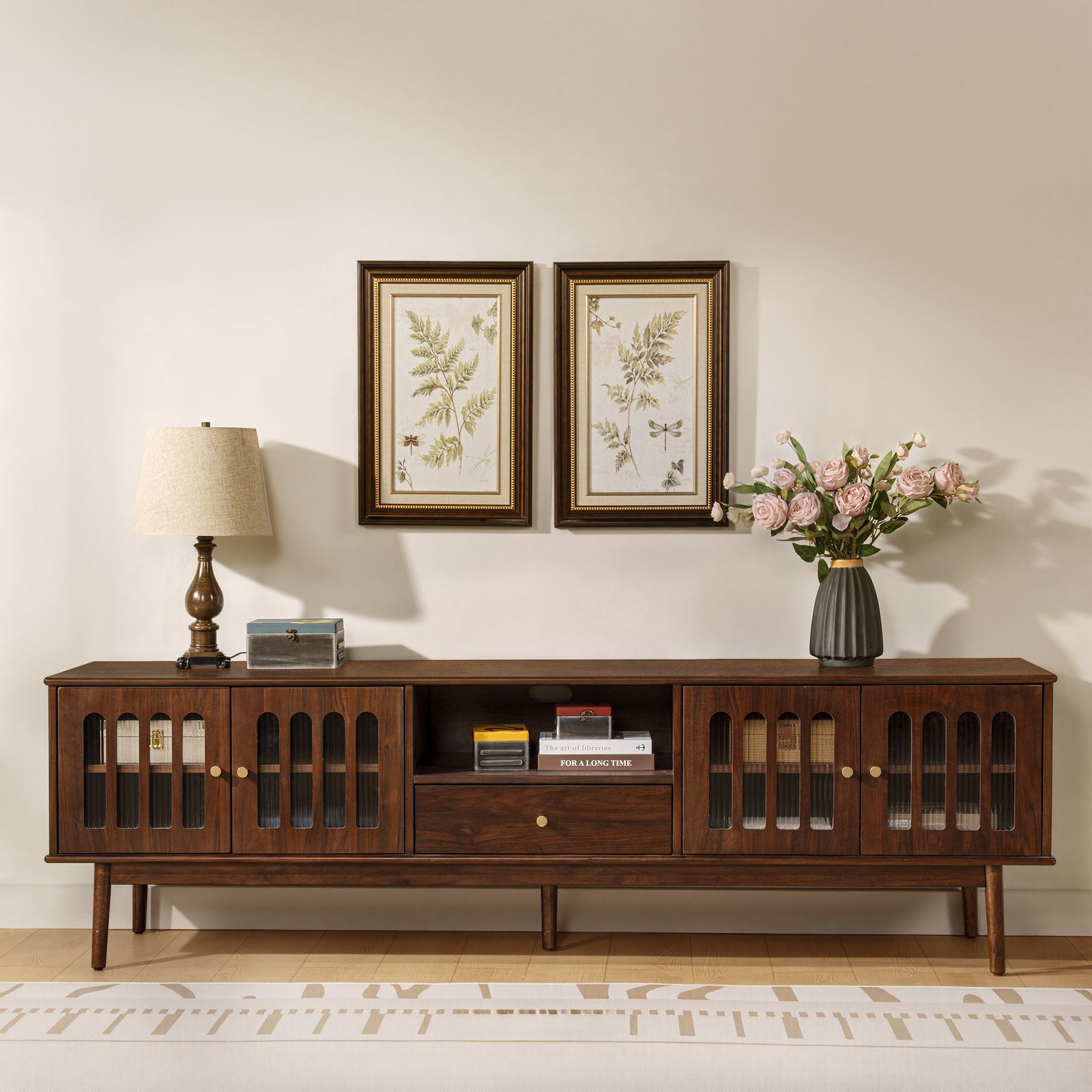 Aldric 84 inch Walnut Glass Door TV Stand | HERNEST