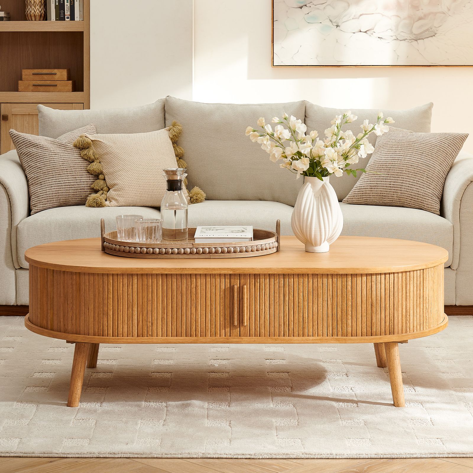 Valo 55 inch Natural Solid Oak Coffee Table with Drawer | HERNEST