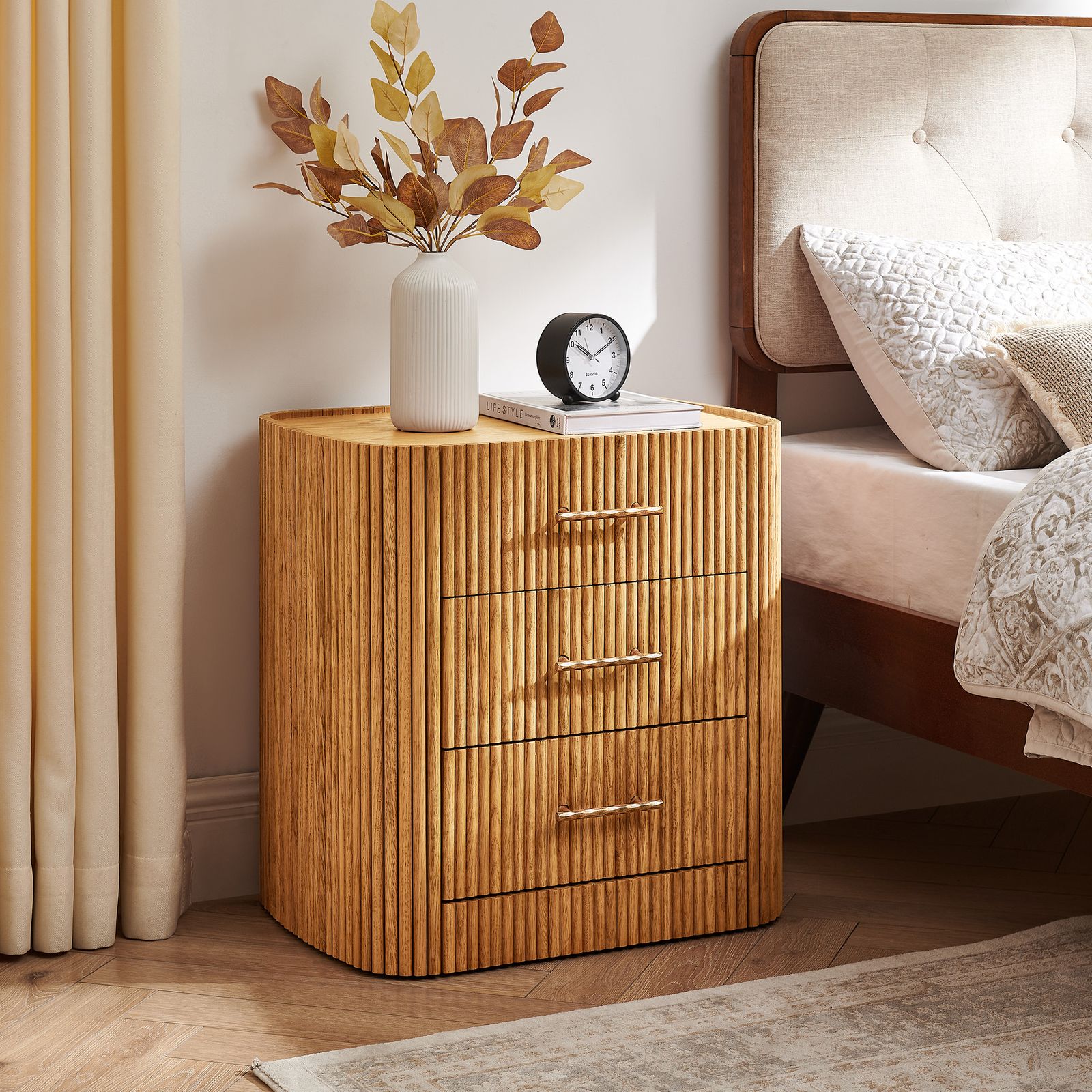 Astor 23 inch Natural Fluted Solid Oak Nightstand with 3 Solid