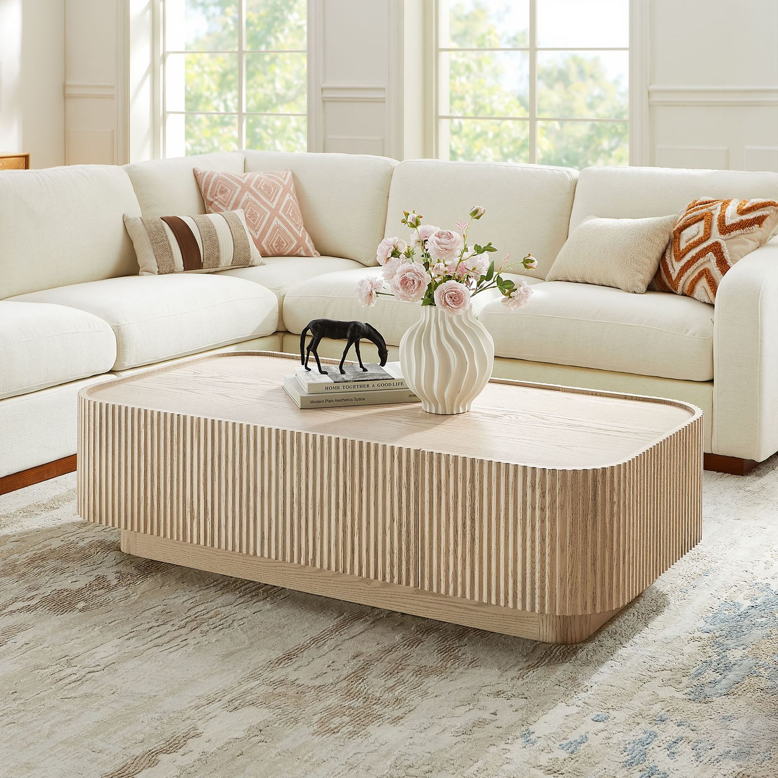 Skimra​ 55 inch Whitewashed Fluted Oak Coffee Table with 2 Drawers
