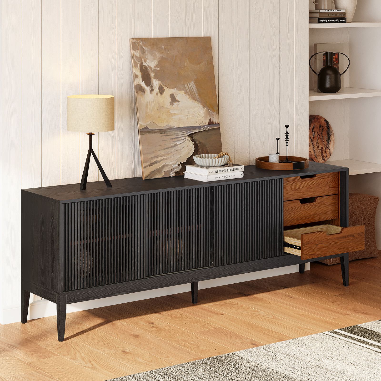 Astrid 84 inch MCM Slatted TV Stand with Sliding Door Cabinet & 2