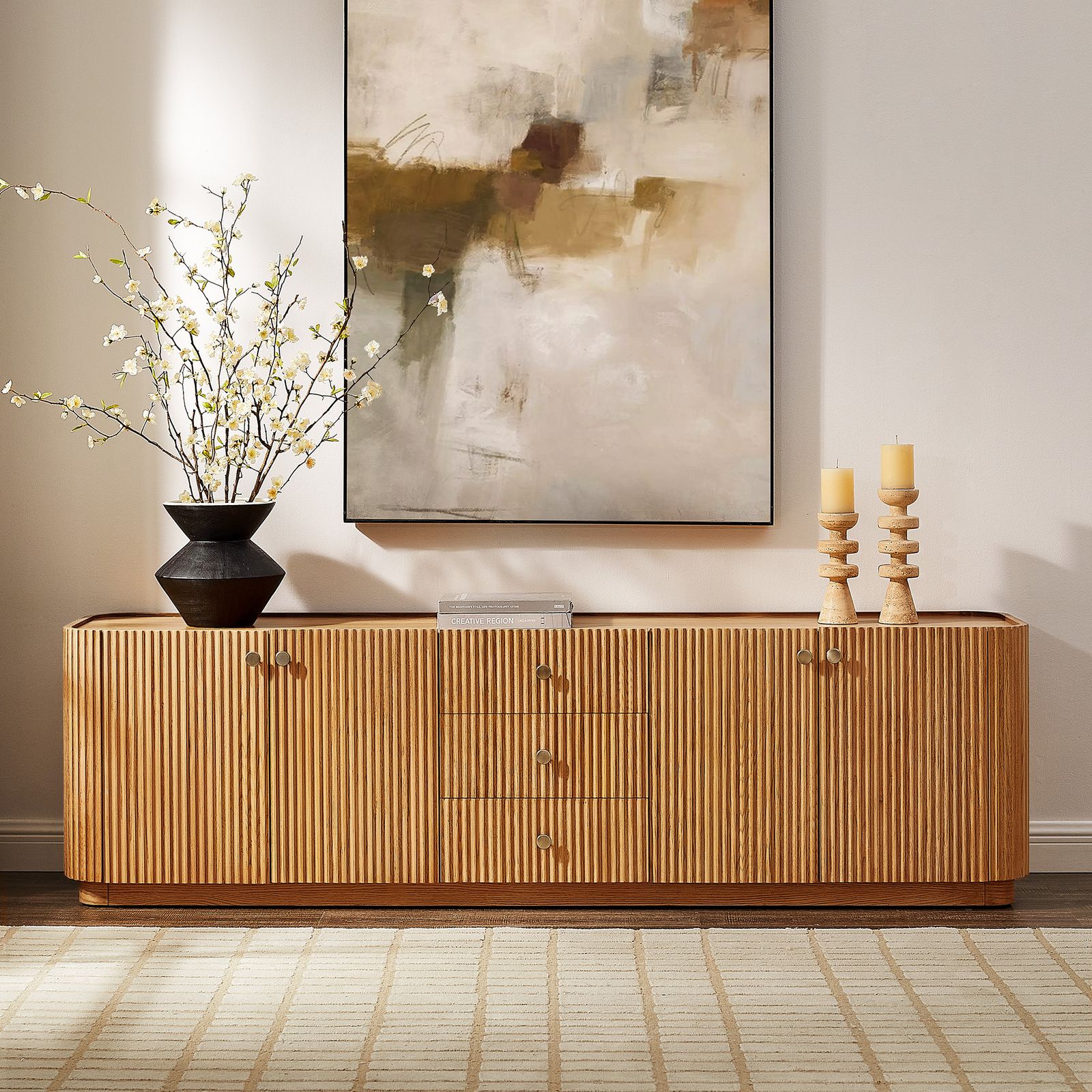 Skimra​ 84 inch Fluted Solid Oak TV Stand with 3 Drawers and