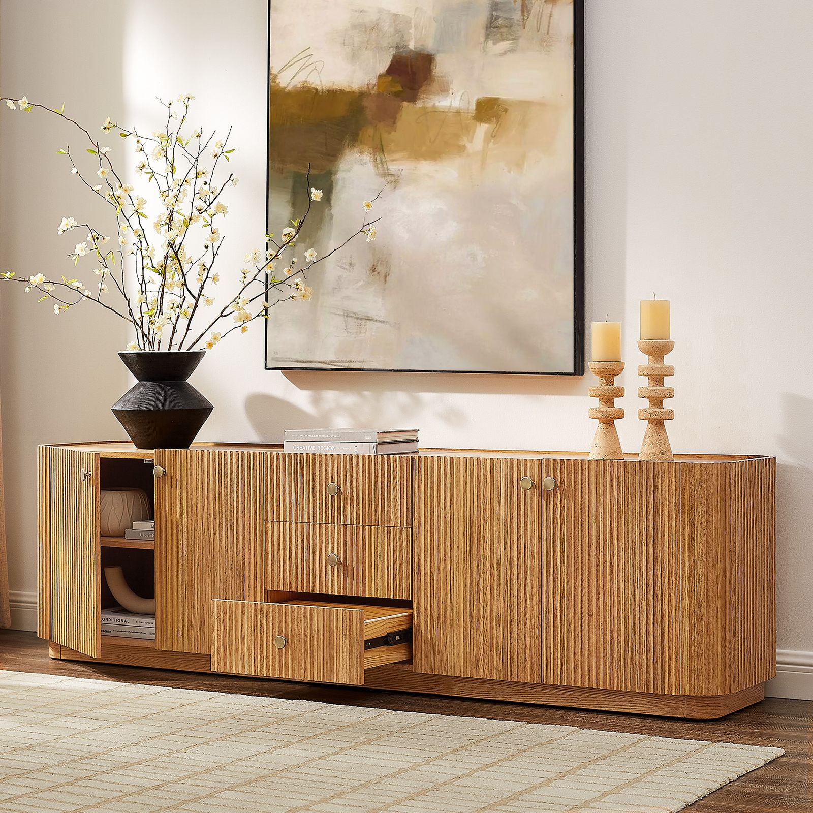 medea メデア 4段チェスト アールヌーボー様式 ロココ ※i1※ Skimra 84 Inch Fluted Oak Media Console in Natural Oak | Wood TV