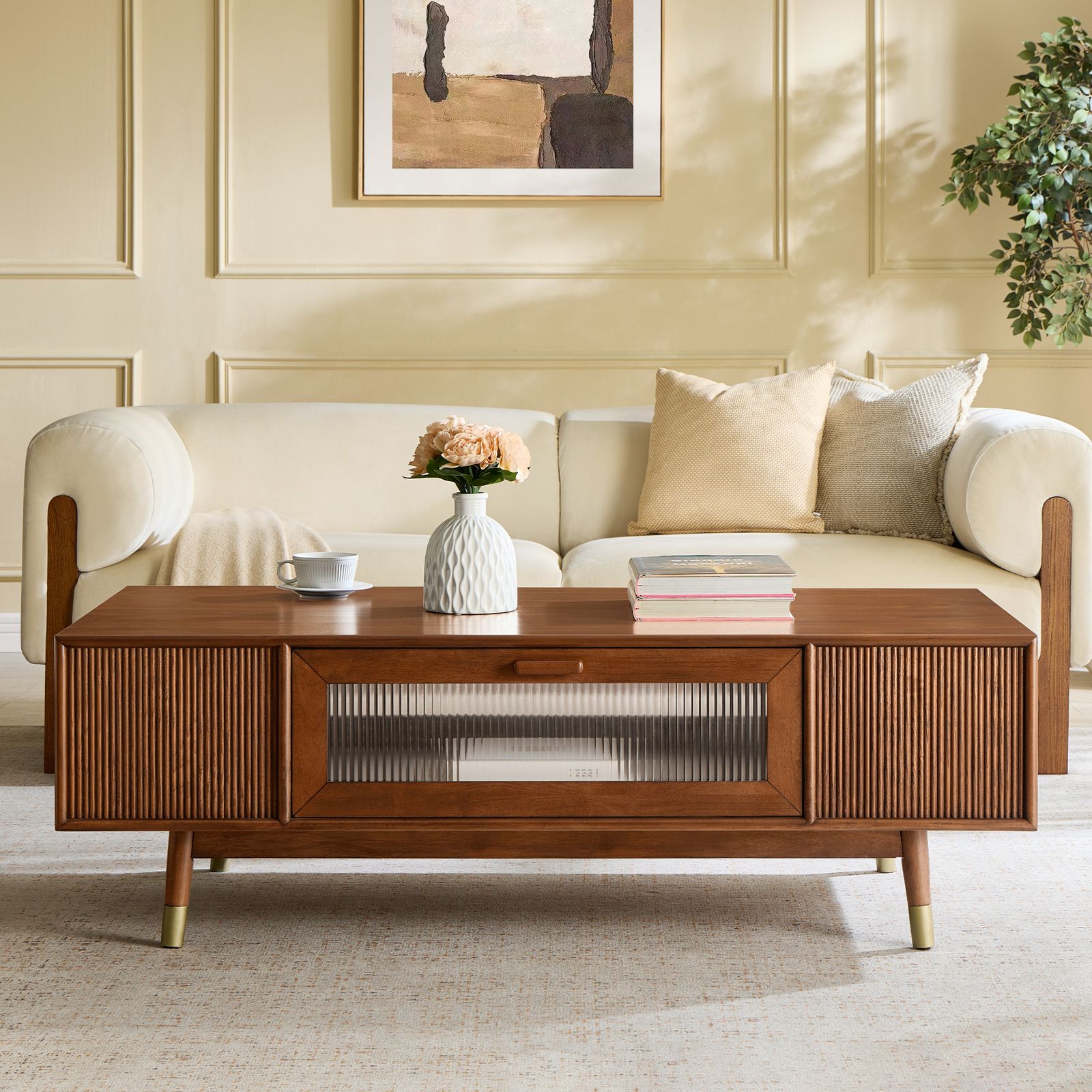 Stavn 55 inch MCM Fluted Coffee Table | HERNEST