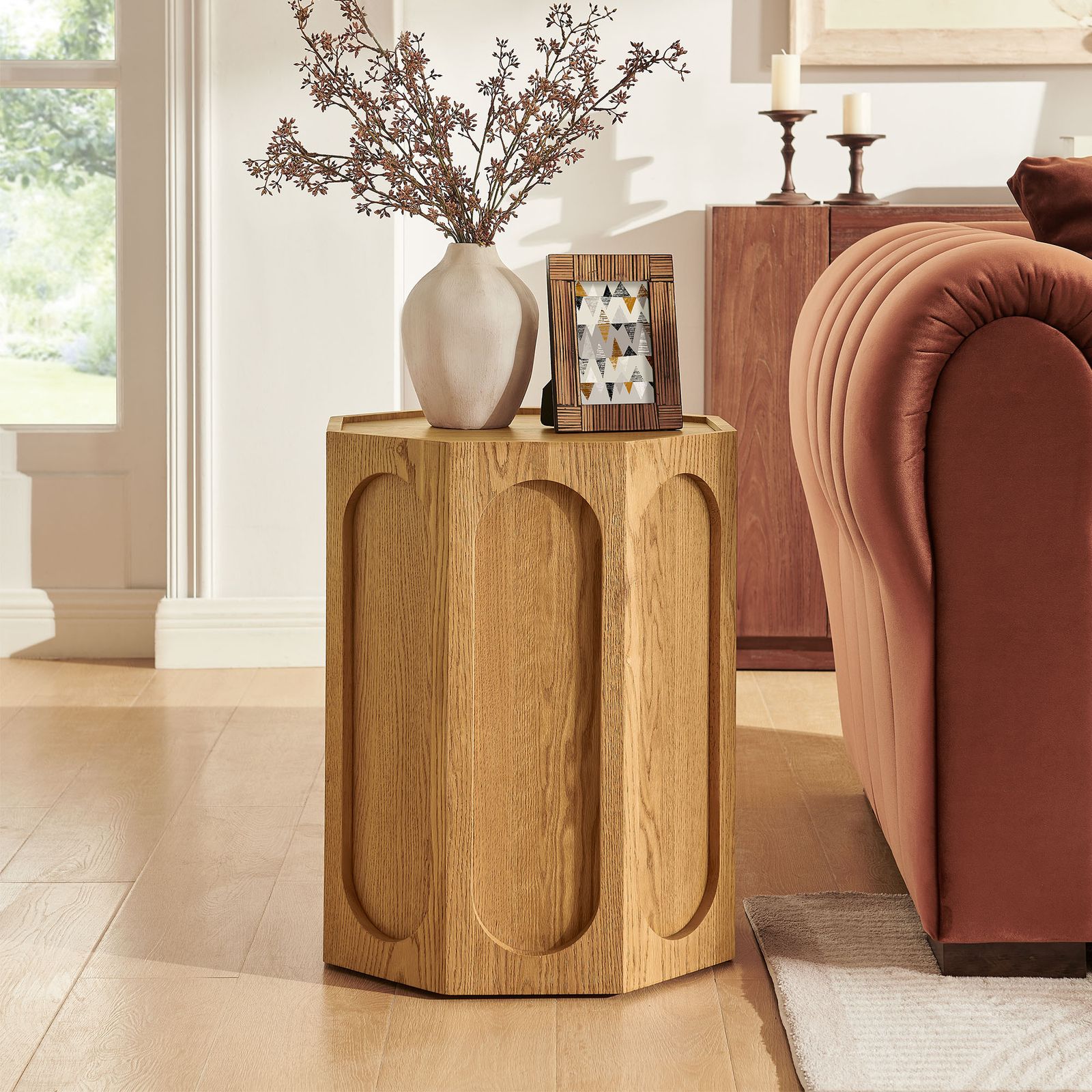 Neci 18-Inch Natural Oak Sculptural Side Table | HERNEST