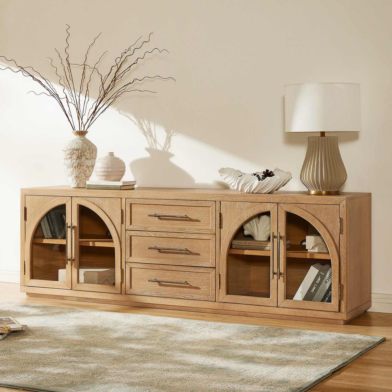 Valborg 80 Inch Light Brown Cerused Oak 4-Door Media Console | HERNEST