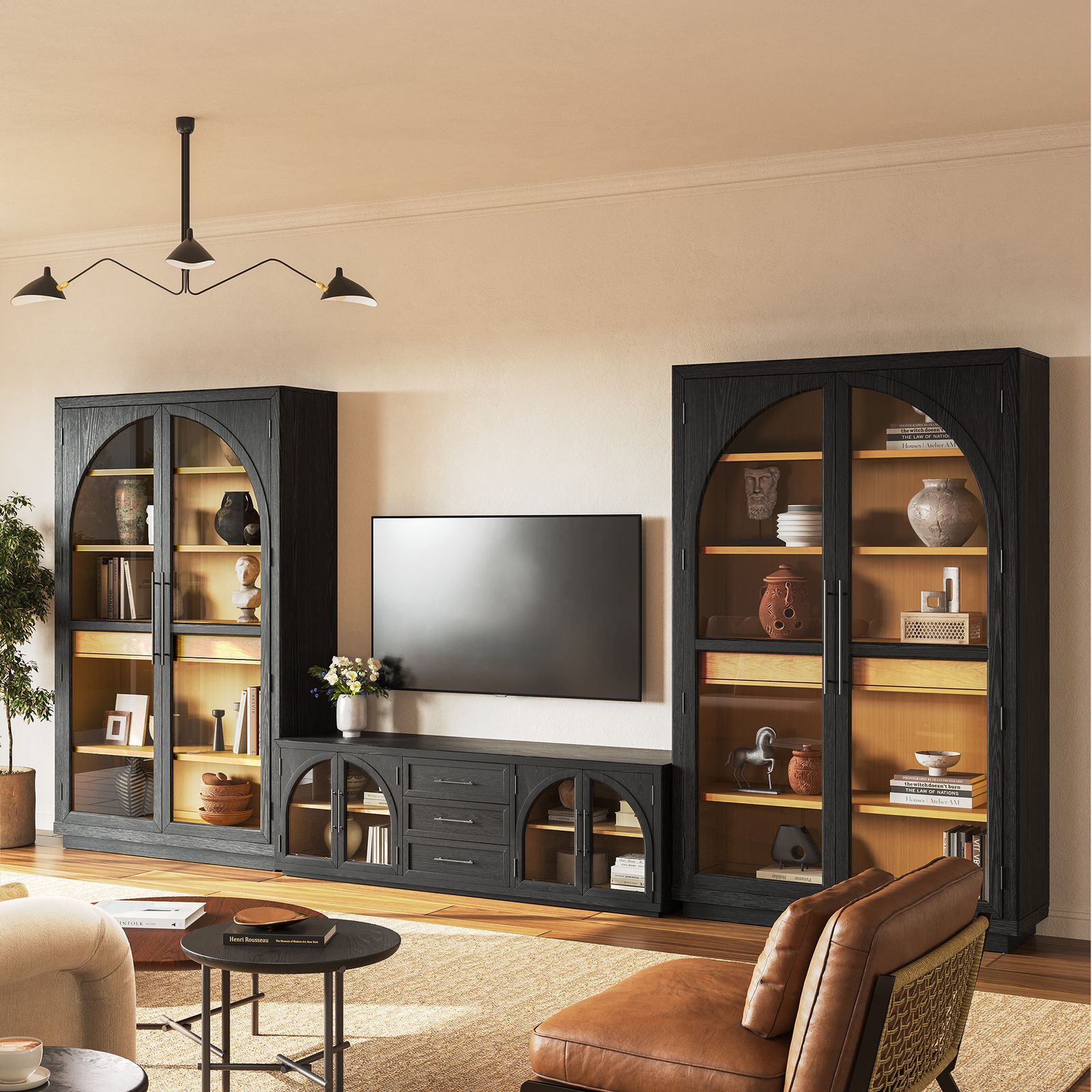 Valborg 174 Inch Black Oak Storage Media Console Set with 4-Door